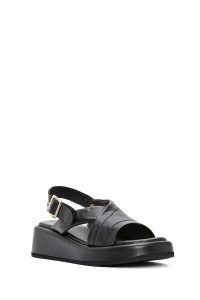 صندل زنانه مشکی چرم بنددار تخت ضخیم دری مد