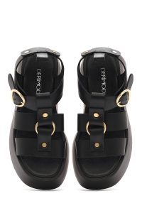 صندل زنانه مشکی چرم بنددار تخت ضخیم دری مد