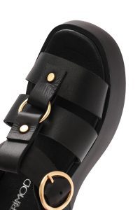 صندل زنانه مشکی چرم بنددار تخت ضخیم دری مد