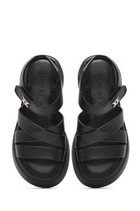 صندل زنانه مشکی چرم بنددار تخت ضخیم راحتی دری مد