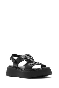 صندل زنانه مشکی چرم بنددار تخت ضخیم راحتی دری مد