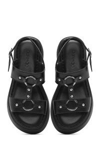 صندل زنانه مشکی چرم بنددار تخت ضخیم راحتی دری مد