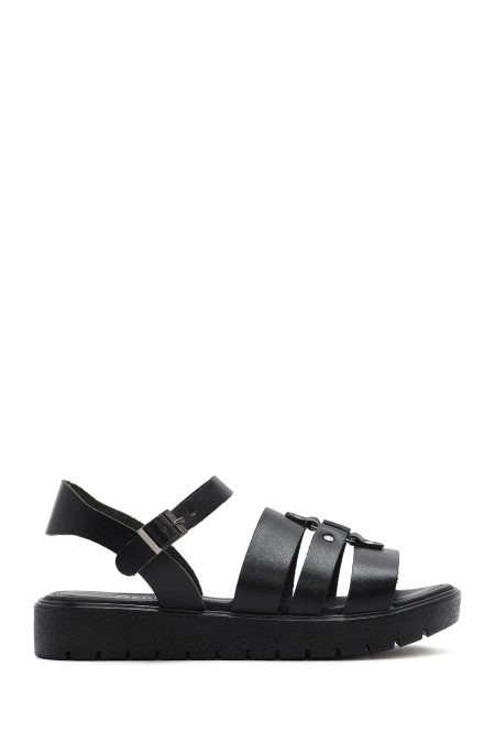 صندل زنانه مشکی چرم بنددار دری مد