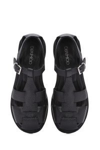 صندل زنانه مشکی چرم بنددار پاشنه‌ضخیم دری مد