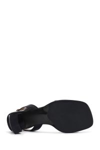 صندل زنانه مشکی چرم بنددار پاشنه‌ضخیم دری مد