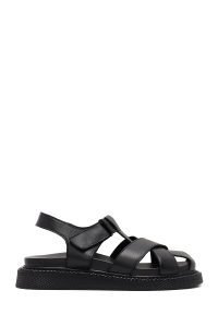 صندل زنانه مشکی چرم تخت بندی دری مد