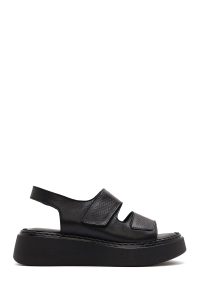 صندل زنانه مشکی چرم تخت ضخیم بندی راحتی دری مد