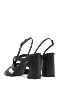 صندل زنانه مشکی چرم طرح‌دار پاشنه‌ضخیم بنددار دری مد