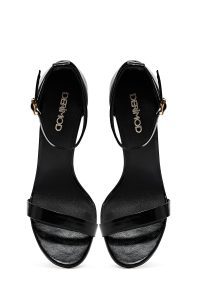 صندل زنانه مشکی چرم متالیک پاشنه‌نازک بلند بنددار دری مد