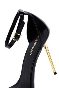 صندل زنانه مشکی چرم متالیک پاشنه‌نازک بلند بنددار دری مد