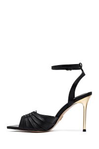 صندل زنانه مشکی چرم پاشنه‌نازک بلند بنددار دری مد