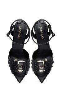 صندل زنانه مشکی چرم پاشنه‌نازک بلند بنددار دری مد