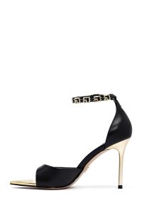 صندل زنانه مشکی چرم پاشنه‌نازک بنددار دری مد