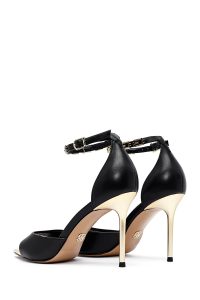 صندل زنانه مشکی چرم پاشنه‌نازک بنددار دری مد