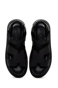 صندل زنانه مشکی چرمی راحتی دری مد