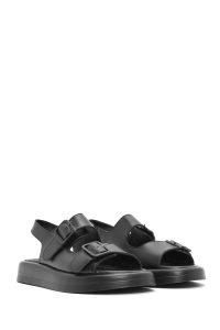 صندل زنانه مشکی چرمی کفی ضخیم دری مد