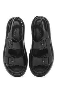 صندل زنانه مشکی چرمی کفی ضخیم دری مد