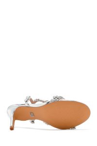 صندل زنانه نقره‌ای نگین‌دار پاشنه‌نازک بنددار دری مد