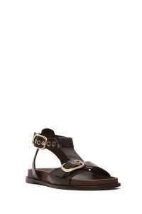 صندل زنانه چرم قهوه‌ای با بند مچ دری مد