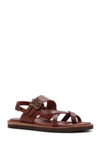 صندل زنانه چرم قهوه‌ای بنددار مچ پا انگشتی دری مد