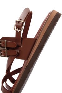 صندل زنانه چرم قهوه‌ای بنددار مچ پا انگشتی دری مد