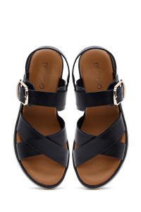 صندل زنانه چرم مشکی لژدار با بند مچ دری مد