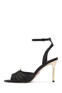 صندل زنانه چرم مشکی پاشنه‌بلند نازک مچی بنددار دری مد