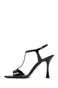 صندل زنانه چرم ورنی مشکی بنددار مچ پا پاشنه‌بلند دری مد