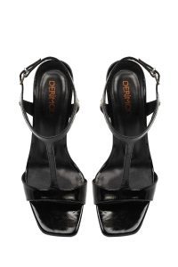 صندل زنانه چرم ورنی مشکی بنددار مچ پا پاشنه‌بلند دری مد