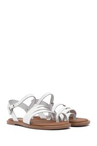 صندل زنانه چرمی سفید انگشتی بندی مدل بدروم دری مد