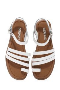 صندل زنانه چرمی سفید انگشتی بندی مدل بدروم دری مد