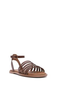 صندل زنانه چرمی قهوه‌ای بندی مدل بدروم دری مد