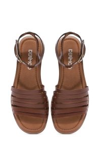 صندل زنانه چرمی قهوه‌ای بندی مدل بدروم دری مد