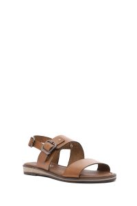 صندل زنانه چرمی قهوه‌ای روشن سگک‌دار مدل بدروم دری مد