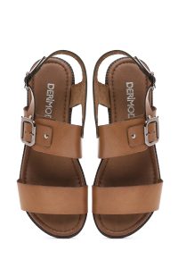 صندل زنانه چرمی قهوه‌ای روشن سگک‌دار مدل بدروم دری مد