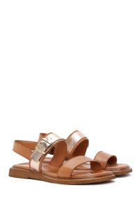 صندل زنانه چرمی قهوه‌ای روشن سگک‌دار دری مد