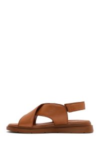 صندل زنانه چرمی قهوه‌ای روشن کشی دری مد