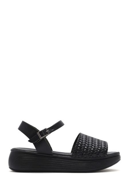 صندل زنانه چرمی مشکی با بند و زیره ضخیم دری مد