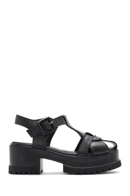 صندل زنانه چرمی مشکی بندی با زیره ضخیم دری مد