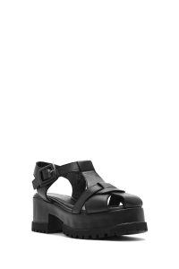 صندل زنانه چرمی مشکی بندی با زیره ضخیم دری مد