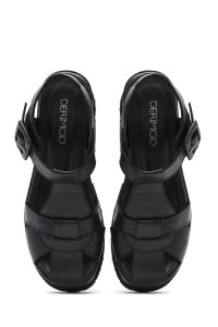 صندل زنانه چرمی مشکی بندی با زیره ضخیم دری مد