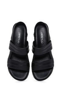 صندل زنانه چرمی مشکی ساده دری مد