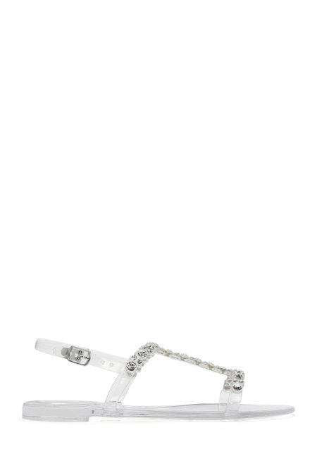 صندل زنانه ژله‌ای شفاف نگین‌دار با بند پشت پا دری مد