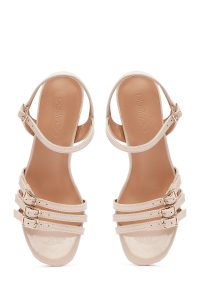 صندل زنانه کرم مچی سگک‌دار پاشنه‌بلند ضخیم دری مد