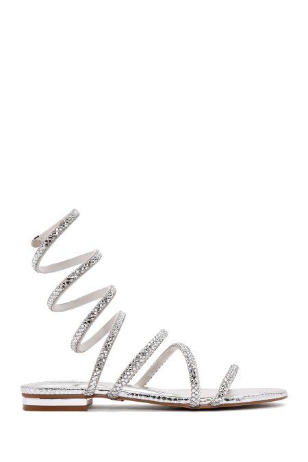 صندل های نگین داری مچ پا نقره ای زنانه