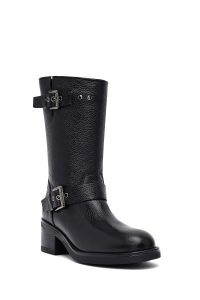 نیم بوت زنانه چرمی مشکی زیپ‌دار پاشنه‌کوتاه ضخیم دری مد