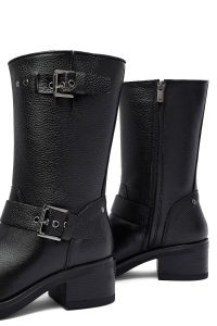 نیم بوت زنانه چرمی مشکی زیپ‌دار پاشنه‌کوتاه ضخیم دری مد