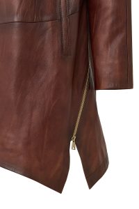 پالتو زنانه Daniela چرم قهوه‌ای بلند اورسایز کلاه‌دار دری مد