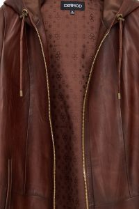 پالتو زنانه Daniela چرم قهوه‌ای بلند اورسایز کلاه‌دار دری مد