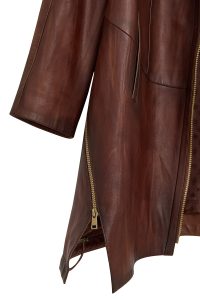 پالتو زنانه Daniela چرم قهوه‌ای بلند اورسایز کلاه‌دار دری مد